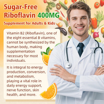 BVIVLOO Vitamin B2 Gummies 400 mg - Migraine Relief, Energy, Brain Health | 2 Pack, Vegan, Sugar-Free, Orange, 120 Gummies