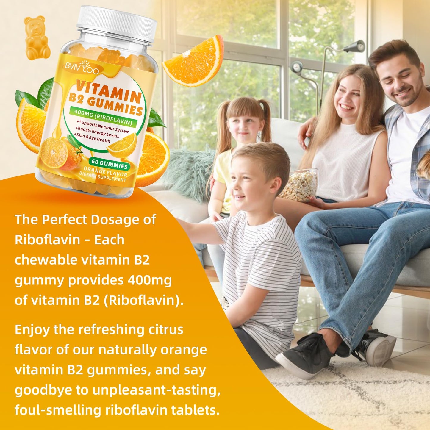 BVIVLOO Vitamin B2 Gummies 400 mg - Migraine Relief, Energy, Brain Health | 2 Pack, Vegan, Sugar-Free, Orange, 120 Gummies