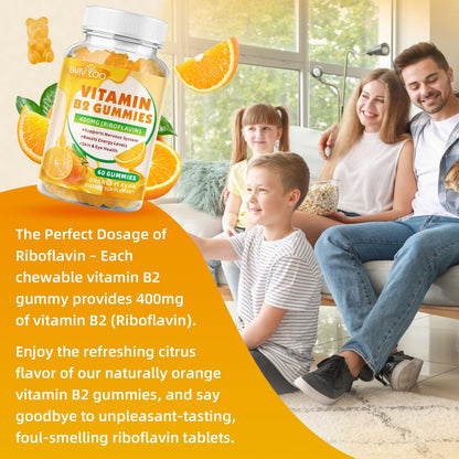 BVIVLOO Vitamin B2 Gummies 400 mg - Migraine Relief, Energy, Brain Health | 2 Pack, Vegan, Sugar-Free, Orange, 120 Gummies