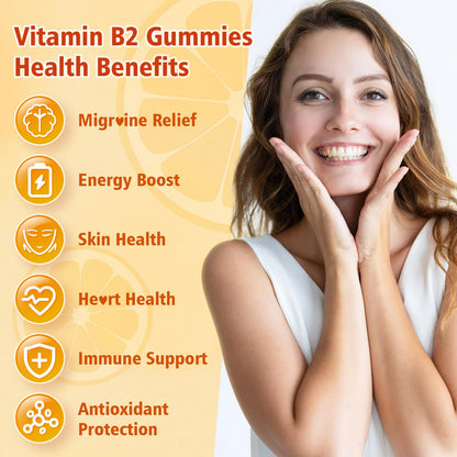 BVIVLOO Vitamin B2 Gummies 400 mg - Migraine Relief, Energy, Brain Health | 2 Pack, Vegan, Sugar-Free, Orange, 120 Gummies