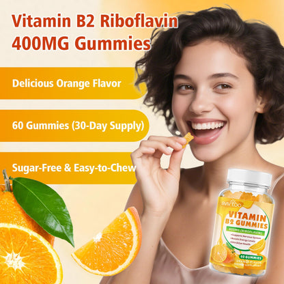 BVIVLOO Vitamin B2 Gummies 400 mg - Migraine Relief, Energy, Brain Health | 2 Pack, Vegan, Sugar-Free, Orange, 120 Gummies