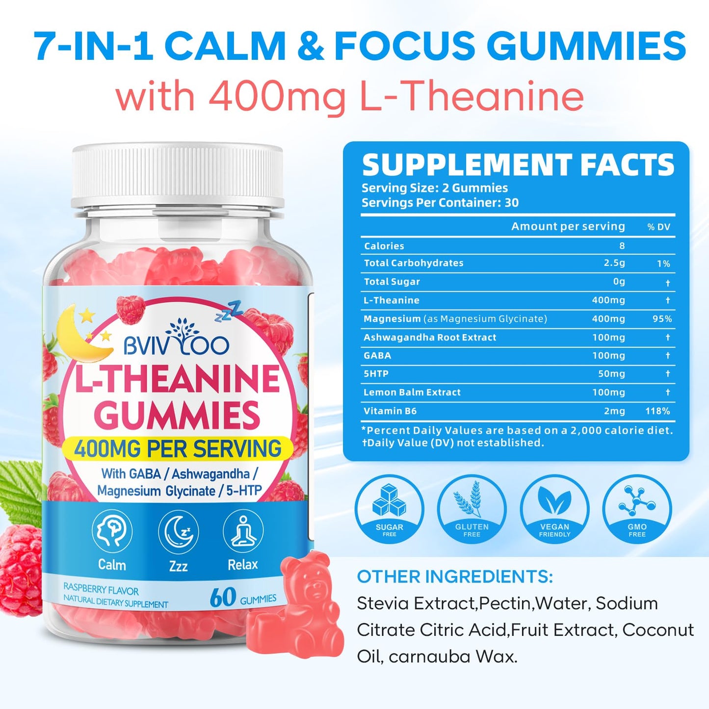 BVIVLOO L-Theanine Gummies 400 mg – Calm & Sleep (Vegan Raspberry, 60 Count)