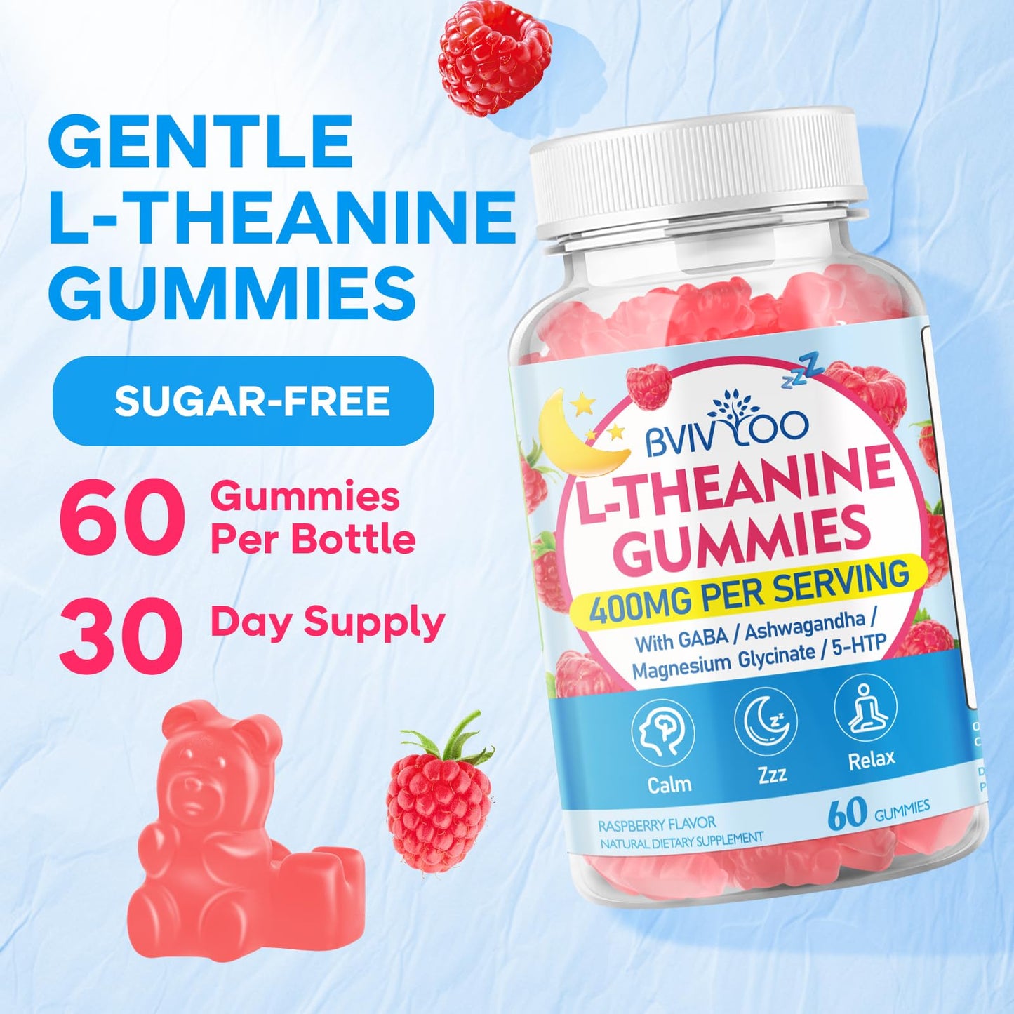 BVIVLOO L-Theanine Gummies 400 mg – Calm & Sleep (Vegan Raspberry, 60 Count)