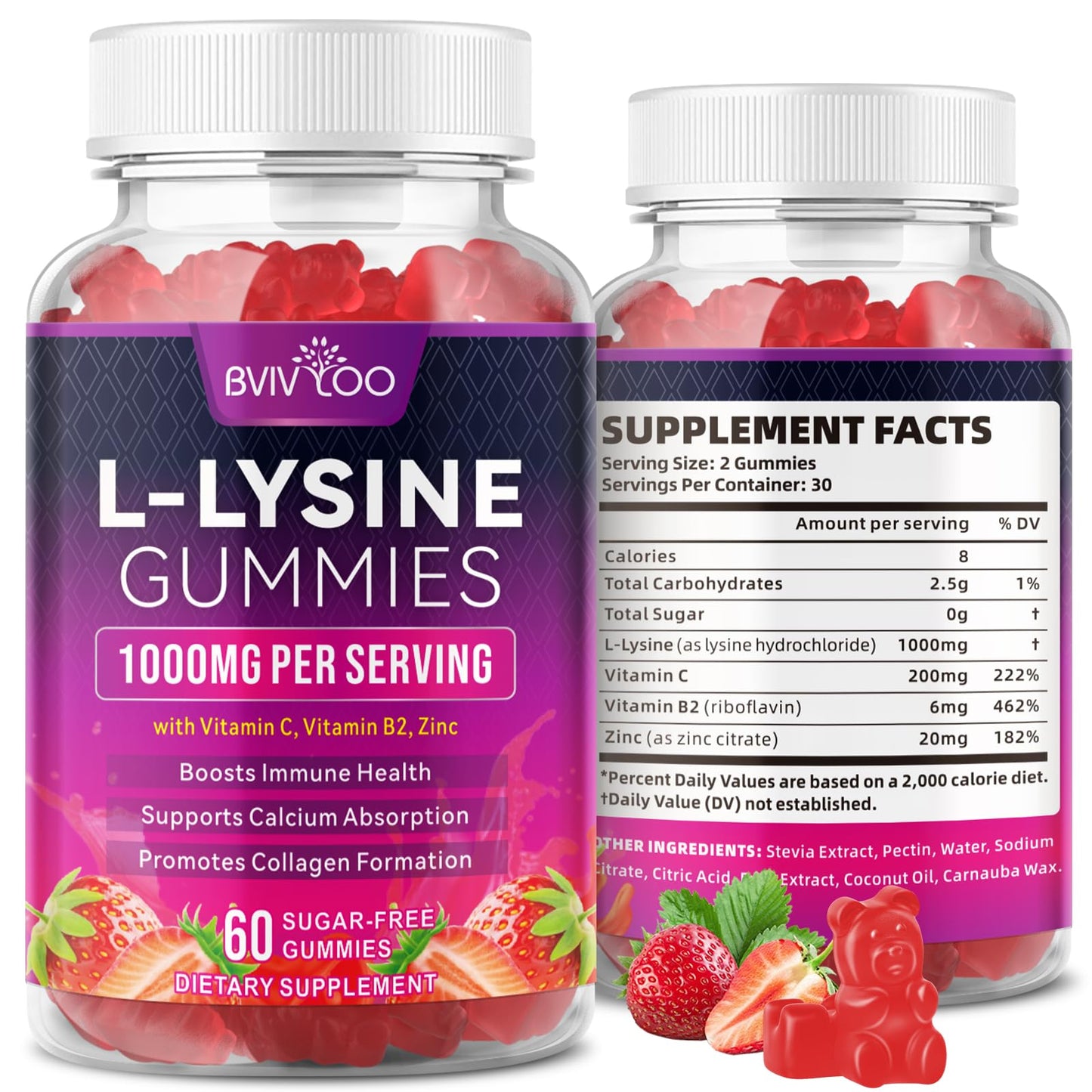 BVIVLOO L-Lysine 1000mg Gummies – Immune Support, Skin Health | Vegan, Sugar-Free