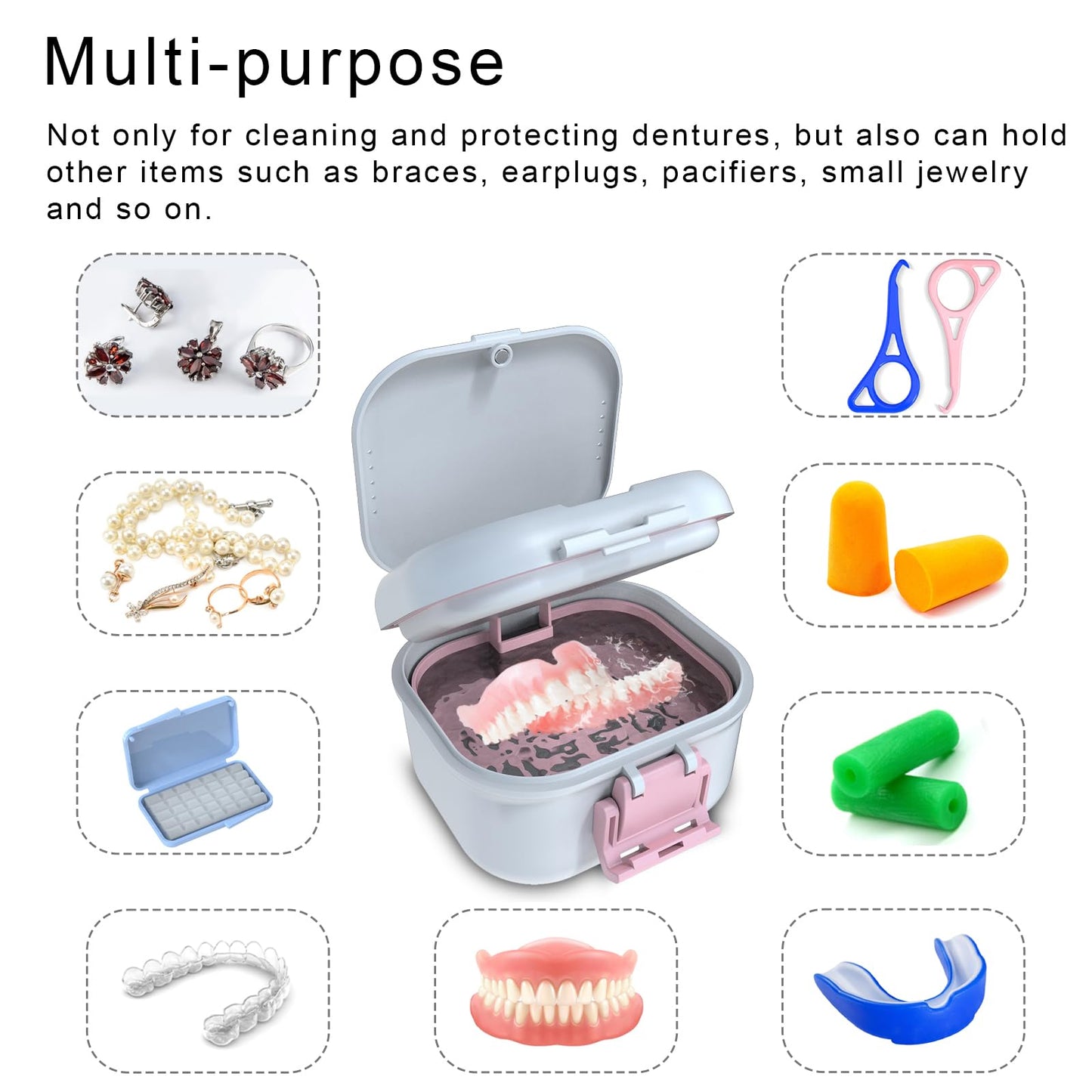 BVN Leakproof Denture Cup – Upgraded Carrying Storage & Travel Case (White/Pink)