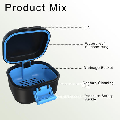 BVN Leak-Proof Denture Case | Black and Bule Denture Cup & Retainer Cleaning Case