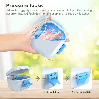 BVN Leak-Proof Denture Case – Blue & White Denture Cup for Soaking Dentures and Retainer Cleaning