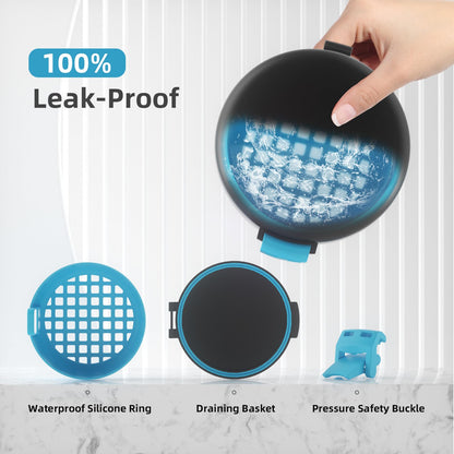 BVN Leak-Proof Denture Bath Cup – Travel Denture Cup with Strainer (Black + Blue)