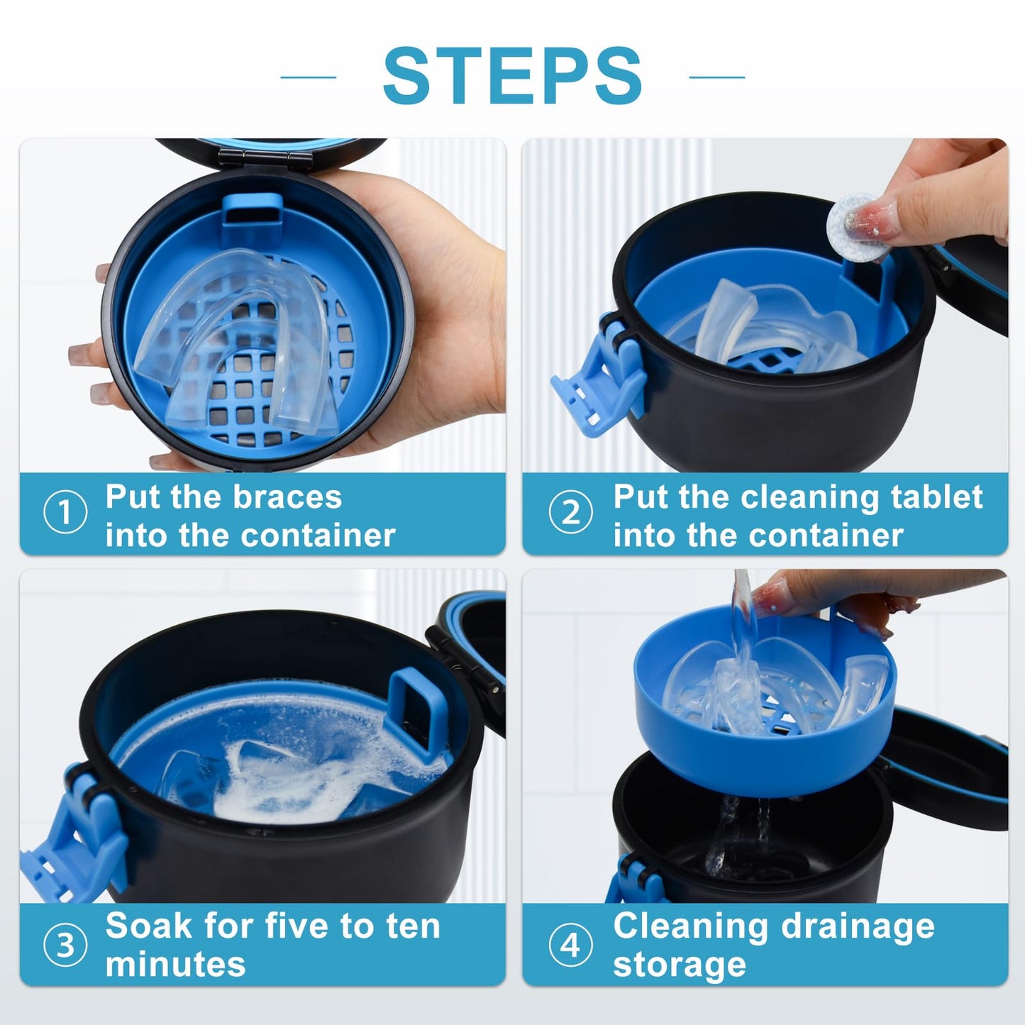 BVN Leak-Proof Denture Bath Cup – Travel Denture Cup with Strainer (Black + Blue)