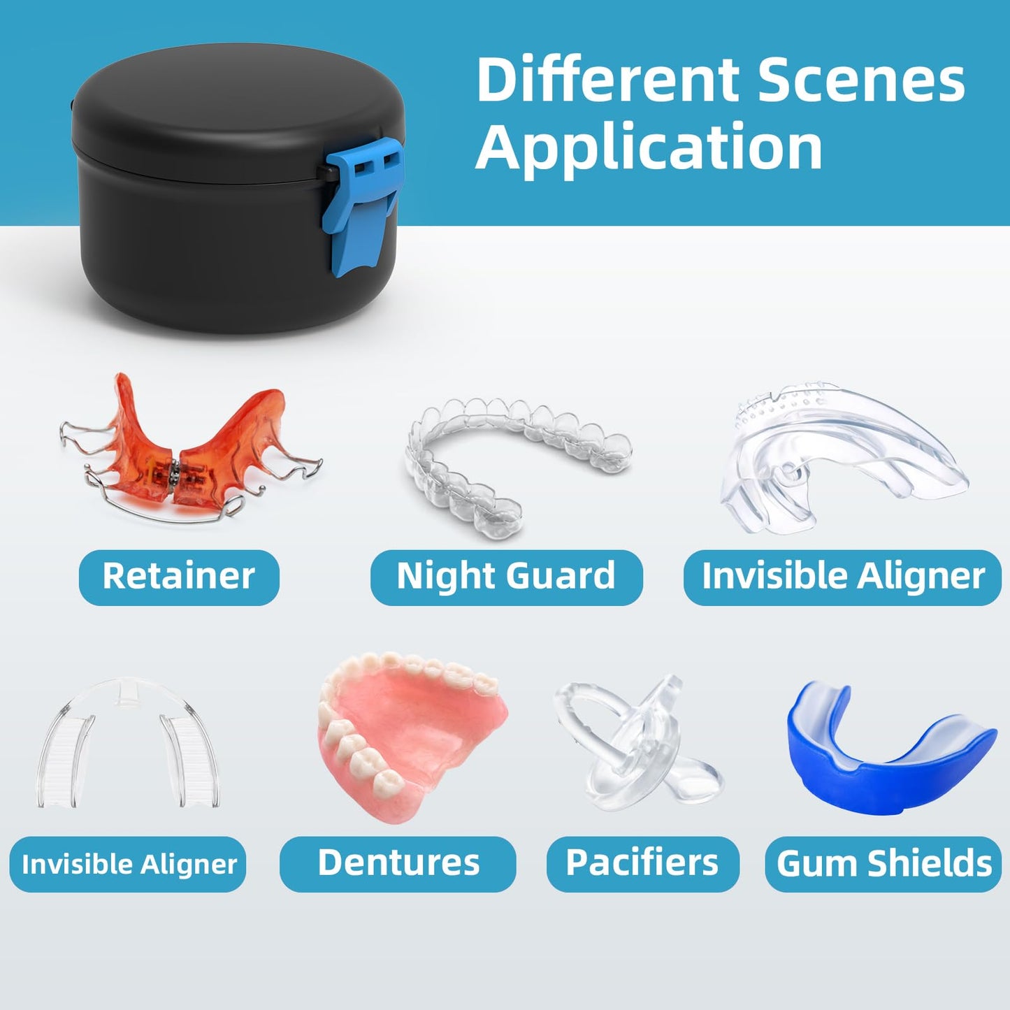 BVN Leak-Proof Denture Bath Cup – Travel Denture Cup with Strainer (Black + Blue)