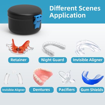BVN Leak-Proof Denture Bath Cup – Travel Denture Cup with Strainer (Black + Blue)