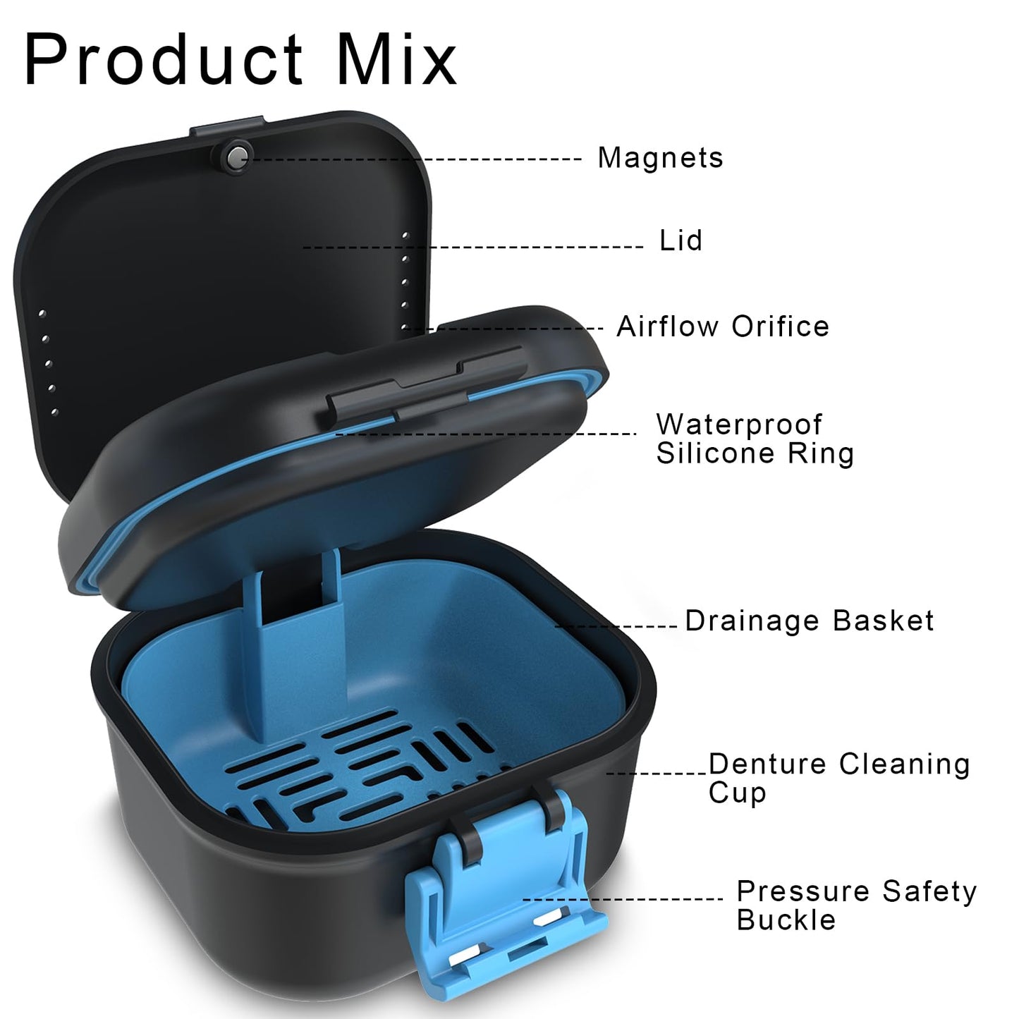 BVN Leakproof Denture Cup - Upgraded Carrying Storage (Black/Blue)