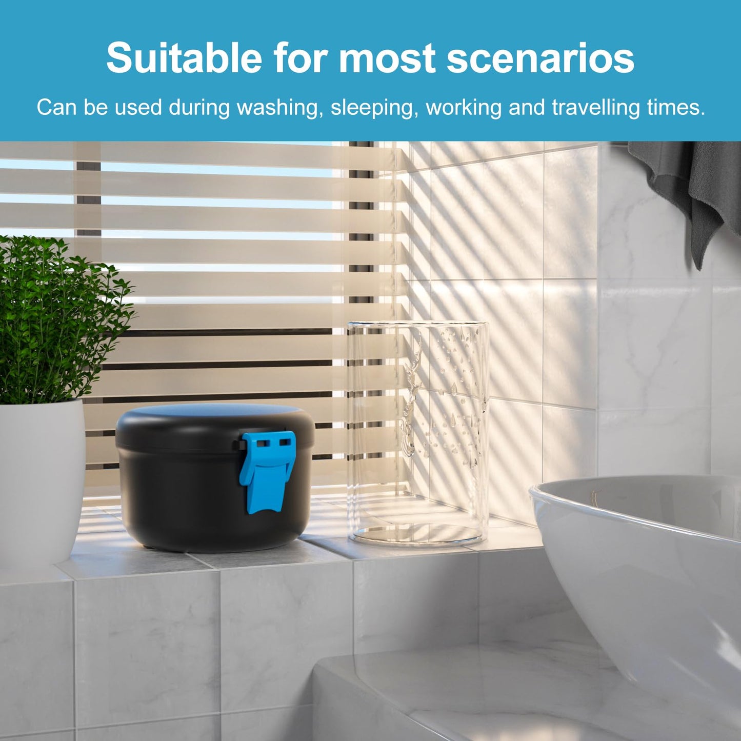 BVN Leak-Proof Denture Bath Cup – Travel Denture Cup with Strainer (Black + Blue)