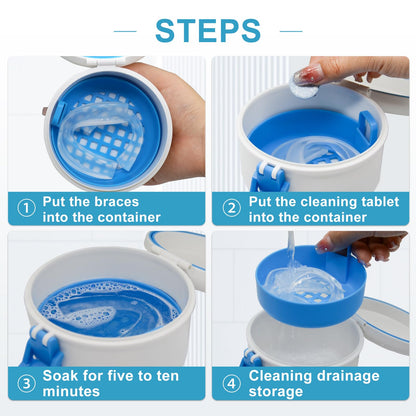 BVN Leak-Proof Denture Bath Cup for Travel – Soak Dentures & Retainer Case (White/Blue)