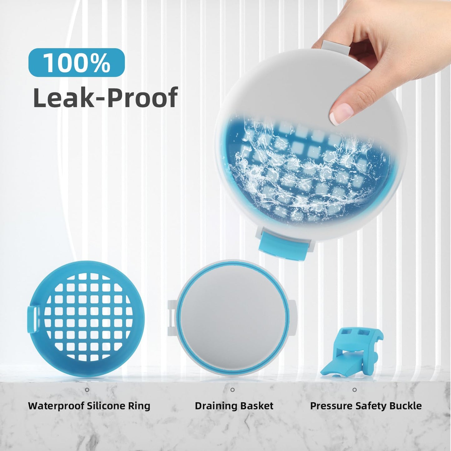 BVN Leak-Proof Denture Bath Cup for Travel – Soak Dentures & Retainer Case (White/Blue)
