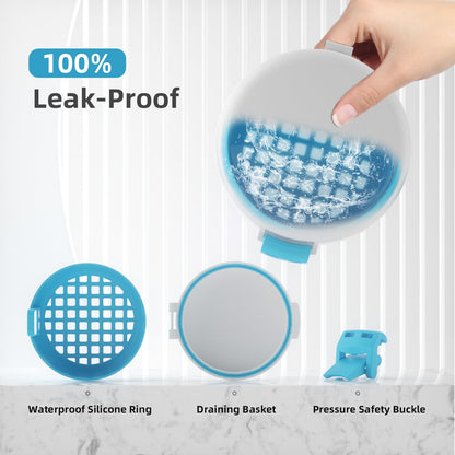 BVN Leak-Proof Denture Bath Cup for Travel – Soak Dentures & Retainer Case (White/Blue)