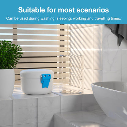 BVN Leak-Proof Denture Bath Cup for Travel – Soak Dentures & Retainer Case (White/Blue)
