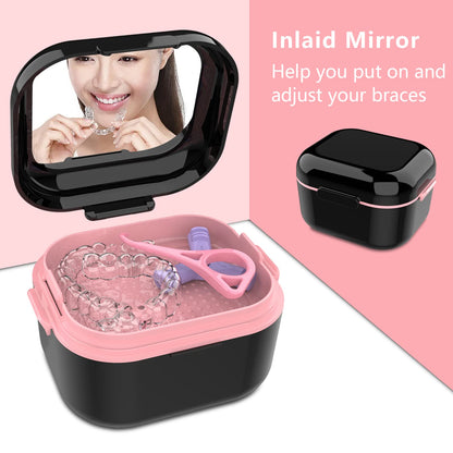 BVN Denture Bath Denture Case: Denture Cup for Soaking Dentures, Retainer Cleaner Case with Mirror, Mouth Guard Case, Aligner Case, Retainer Holder, Night Guard Case, False Teeth Container Black
