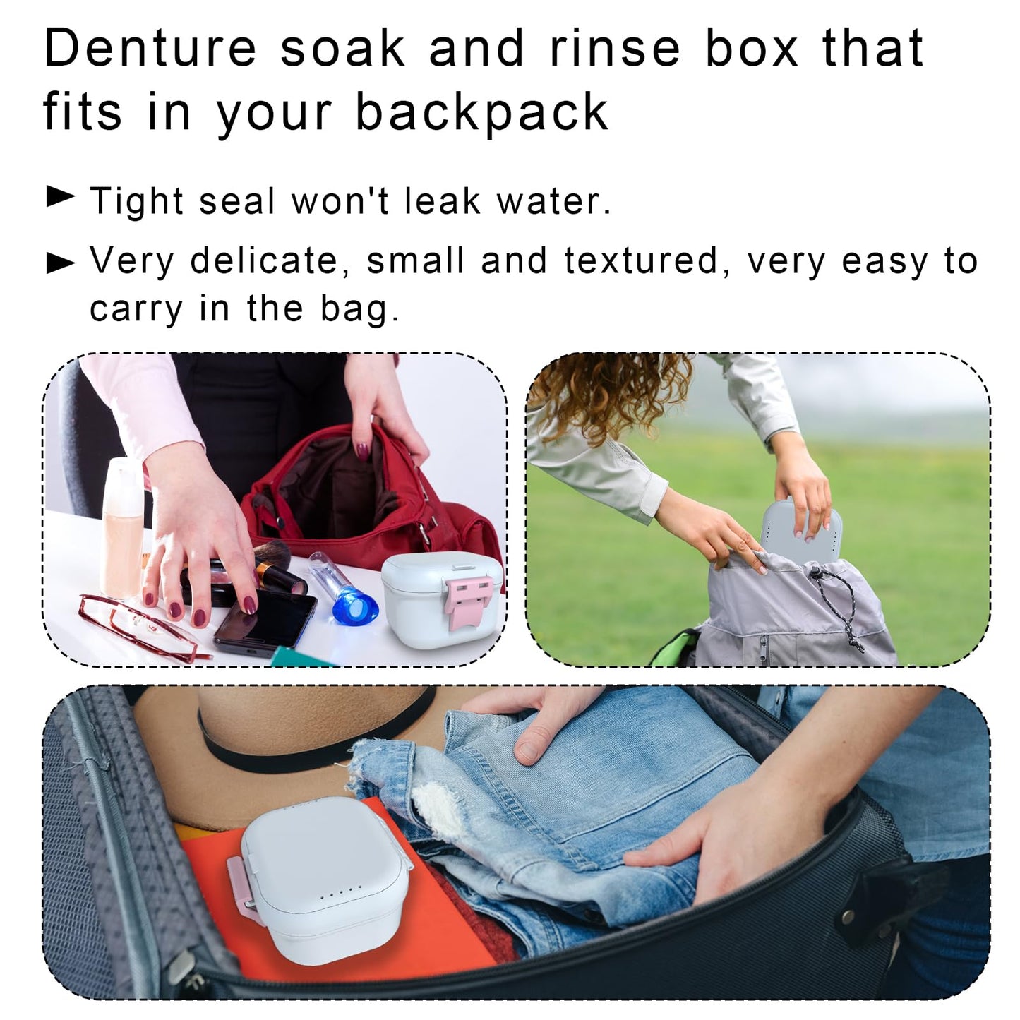 BVN Leakproof Denture Cup – Upgraded Carrying Storage & Travel Case (White/Pink)