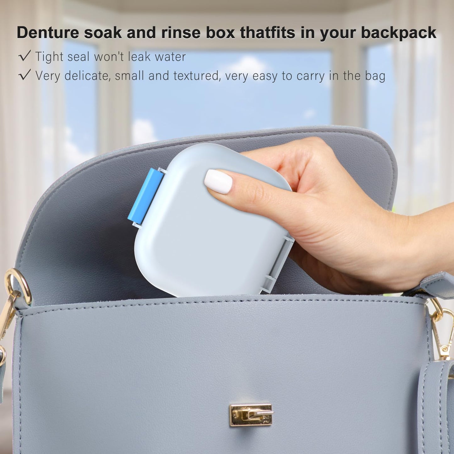 BVN Leak-Proof Denture Case – Blue & White Denture Cup for Soaking Dentures and Retainer Cleaning