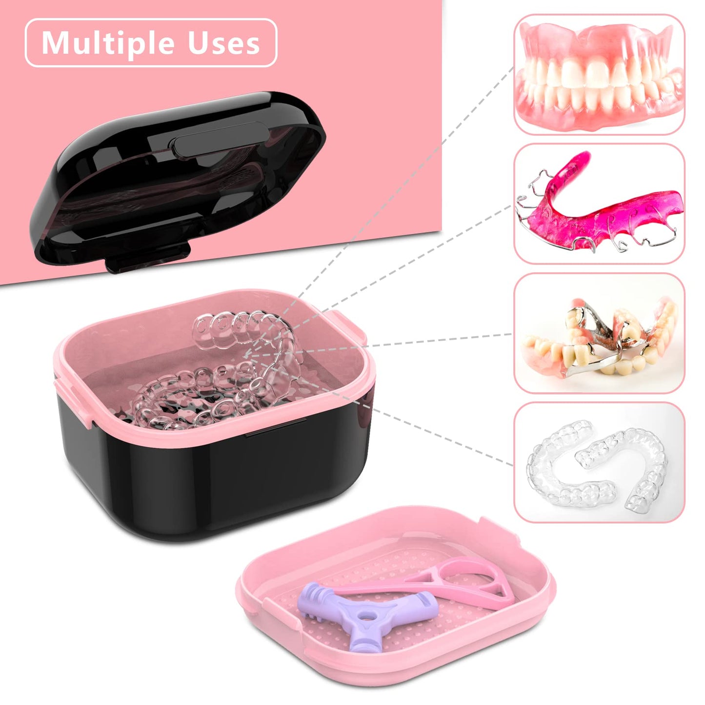 BVN Denture Bath Denture Case: Denture Cup for Soaking Dentures, Retainer Cleaner Case with Mirror, Mouth Guard Case, Aligner Case, Retainer Holder, Night Guard Case, False Teeth Container Black