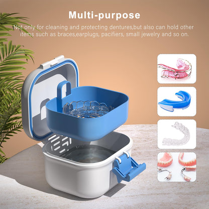 BVN Leak-Proof Denture Case – Blue & White Denture Cup for Soaking Dentures and Retainer Cleaning