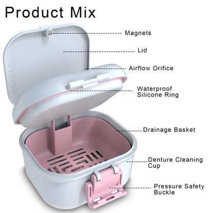BVN Leakproof Denture Cup – Upgraded Carrying Storage & Travel Case (White/Pink)
