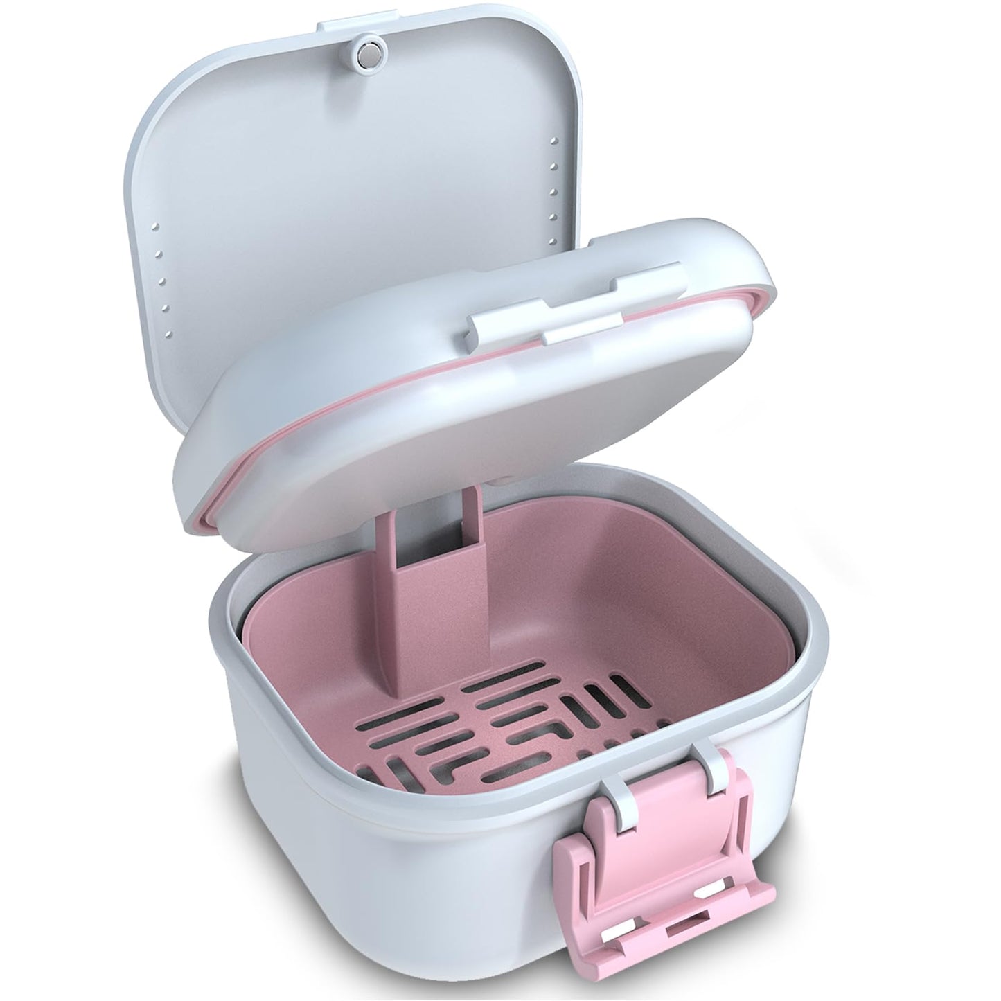 BVN Leakproof Denture Cup – Upgraded Carrying Storage & Travel Case (White/Pink)