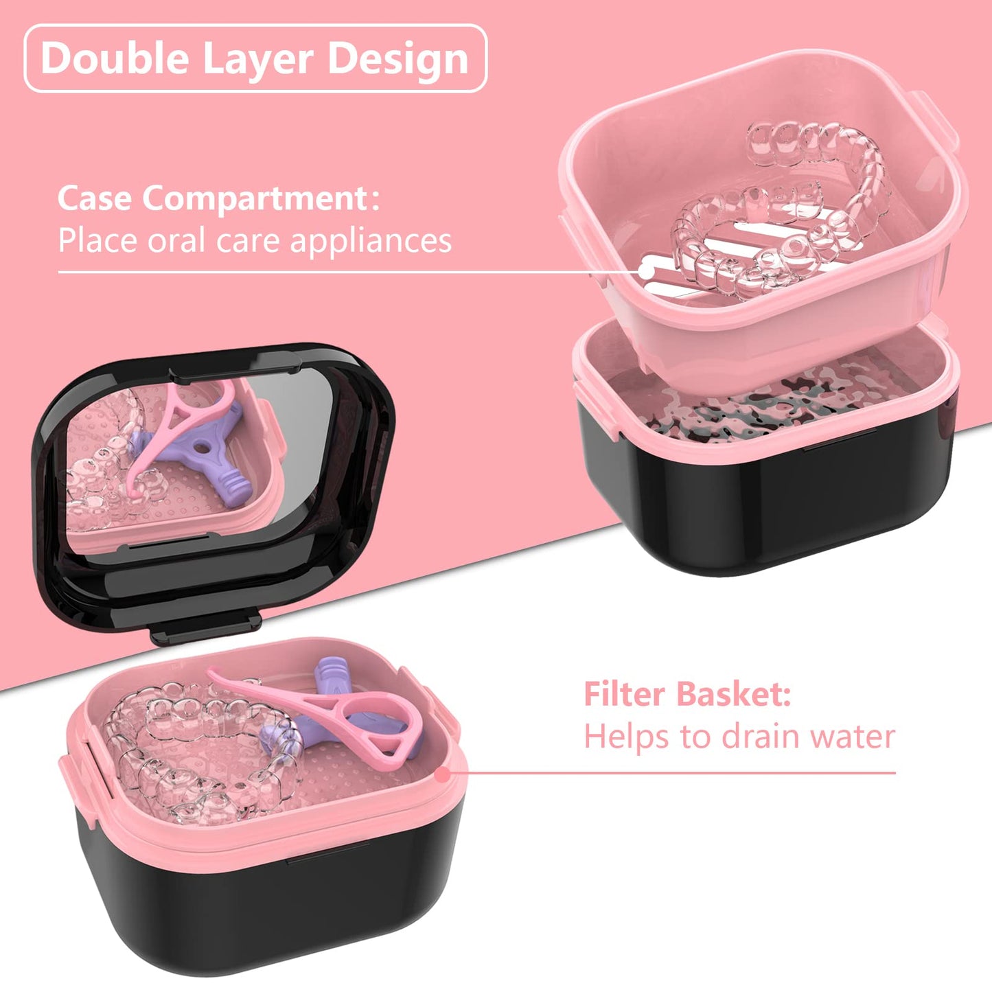 BVN Denture Bath Denture Case: Denture Cup for Soaking Dentures, Retainer Cleaner Case with Mirror, Mouth Guard Case, Aligner Case, Retainer Holder, Night Guard Case, False Teeth Container Black