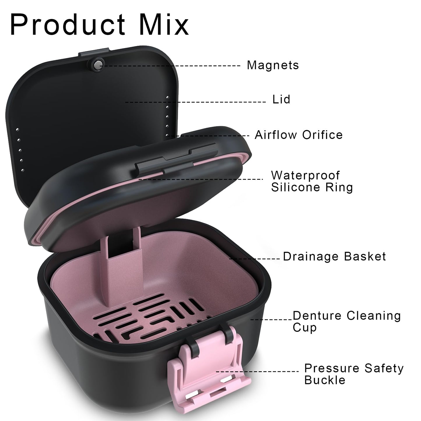BVN Leakproof Denture Cup with Magnetic Organizer – Black & Pink