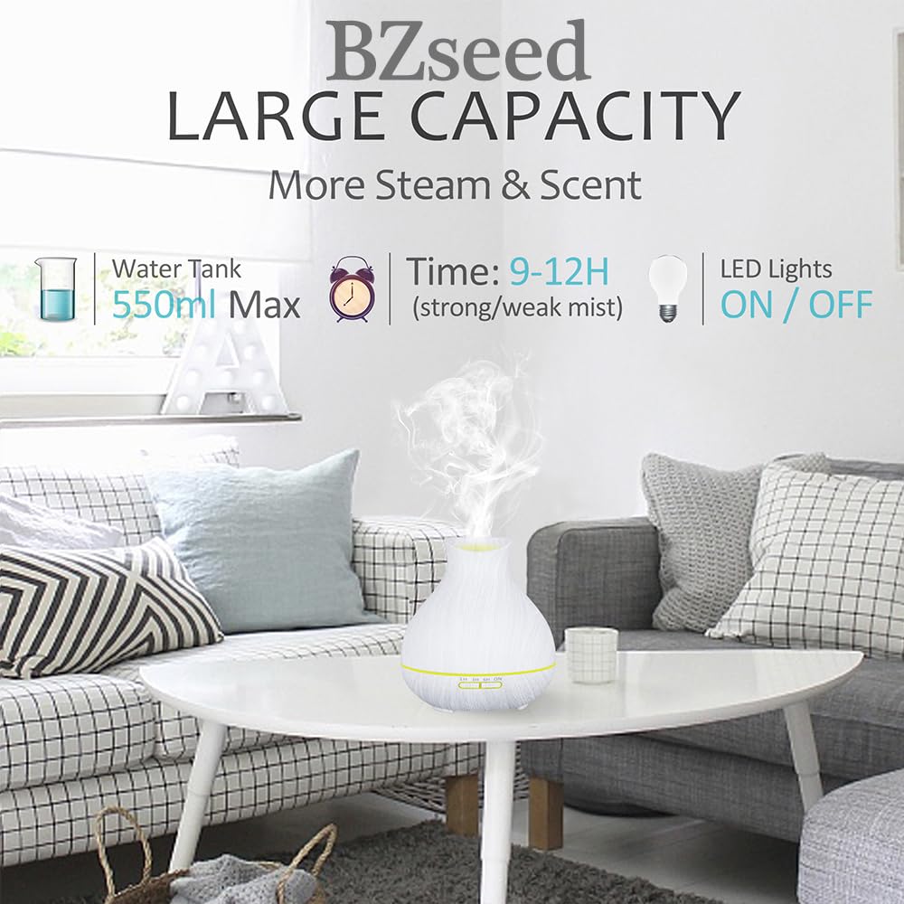 BZseed 550ml Aromatherapy Diffuser – 12h Run, Auto Shut-Off, 7 Color Lights, White Wood Grain
