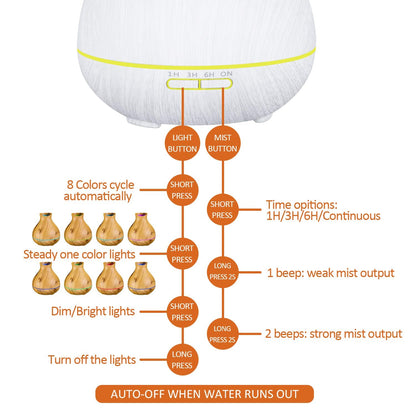BZseed 550ml Aromatherapy Diffuser – 12h Run, Auto Shut-Off, 7 Color Lights, White Wood Grain