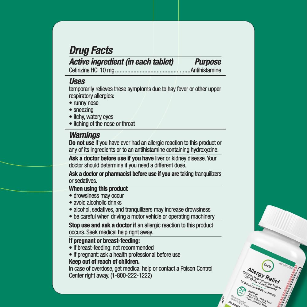 C'rcle Cetirizine HCL 10mg 365 Tablets — Non-Drowsy 24-Hour Allergy Relief