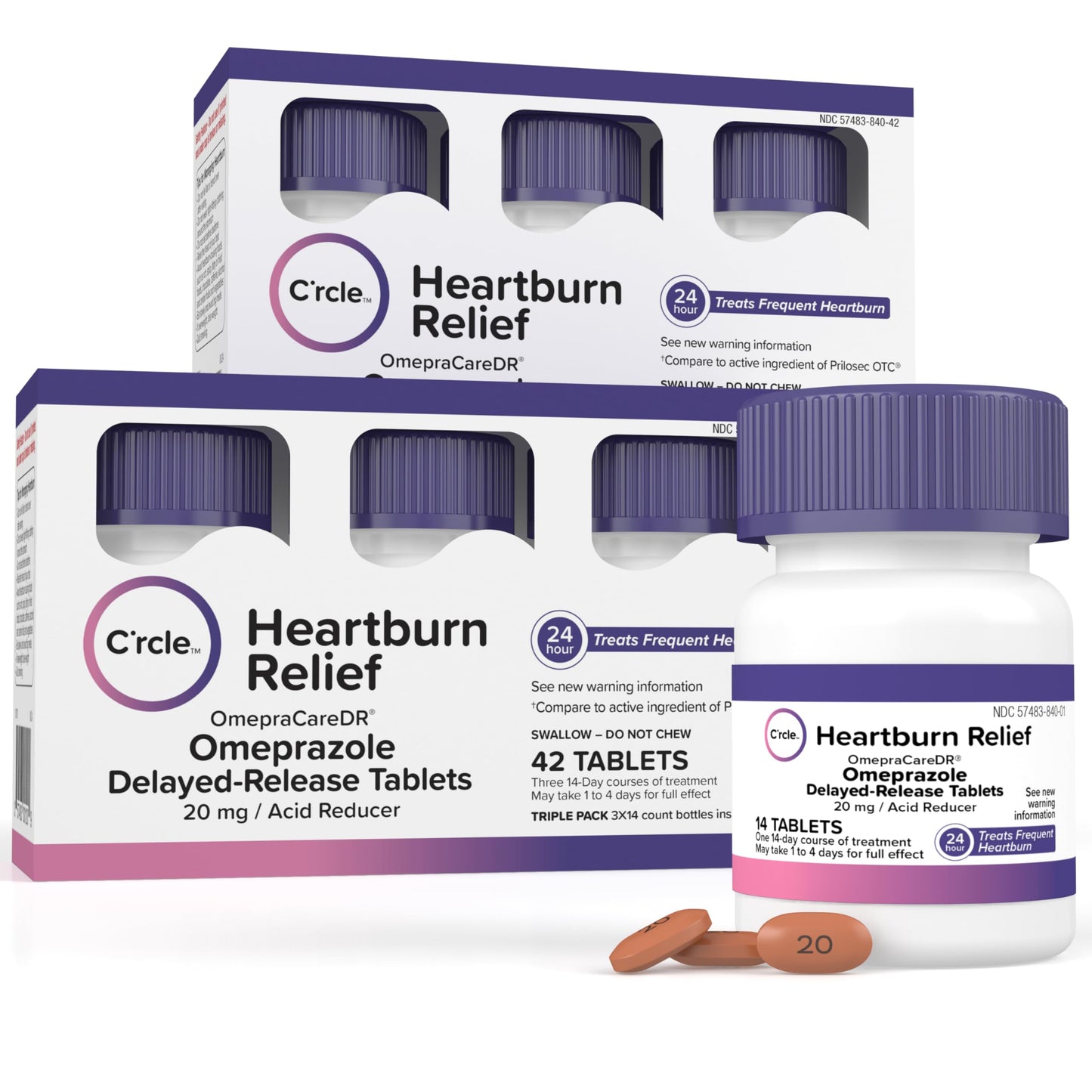 C'rcle Omeprazole 20mg Bulk 84 Count – Heartburn Relief & Acid Reflux Medicine (Six 14 Ct Bottles)