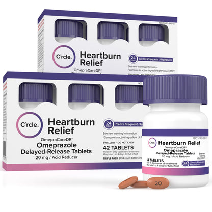 C'rcle Omeprazole 20mg Bulk 84 Count – Heartburn Relief & Acid Reflux Medicine (Six 14 Ct Bottles)