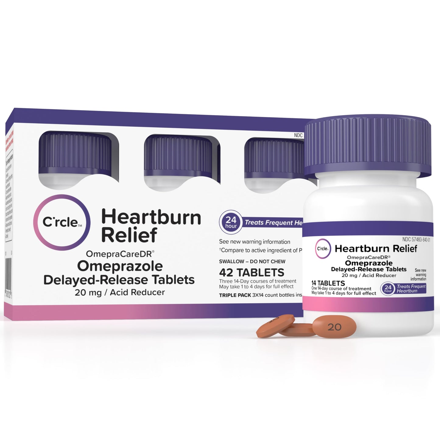 C'rcle Omeprazole 20 mg Tablets 42 Ct – Daily Heartburn Relief (24-Hour Acid Reducer, Delayed Release)