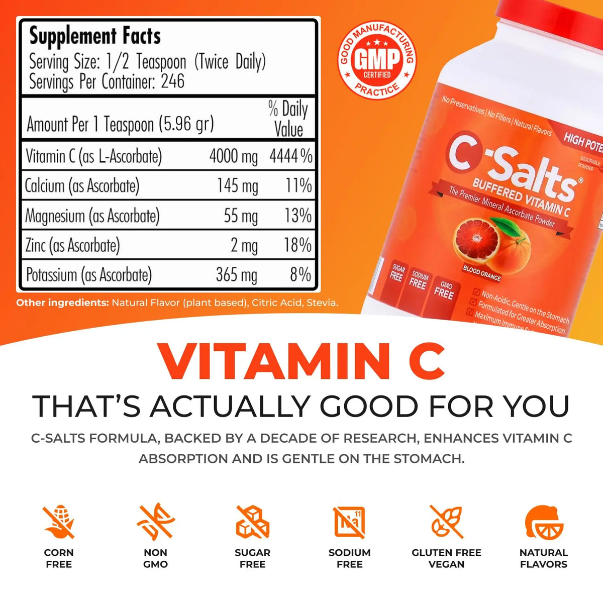 C-Salts Vitamin C Powder - Buffered Ascorbic Acid, Blood Orange, 26 oz | Immune Support (Sugar-Free, Vegan) BritishVita | Premium UK Vitamins & Wellness Supplements