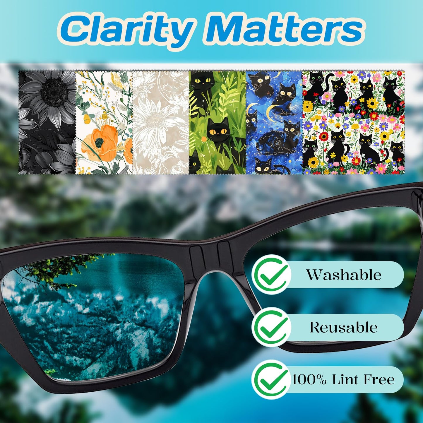 Cabreche 6 PCS Glasses Cleaning Cloths – Microfiber Eyeglass Lens Wipes, Reusable Soft Cloths (6.3 x 6.3 inches), Sunflower Black Cat Pattern