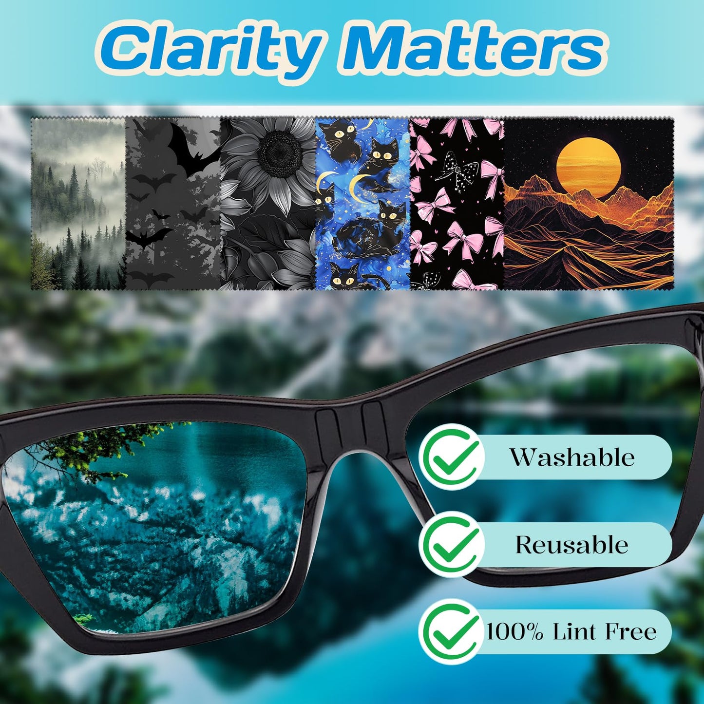 Cabreche 6-Pack Glasses Cleaning Cloths – Microfiber, 6.3x6.3 in, Black Sunflower