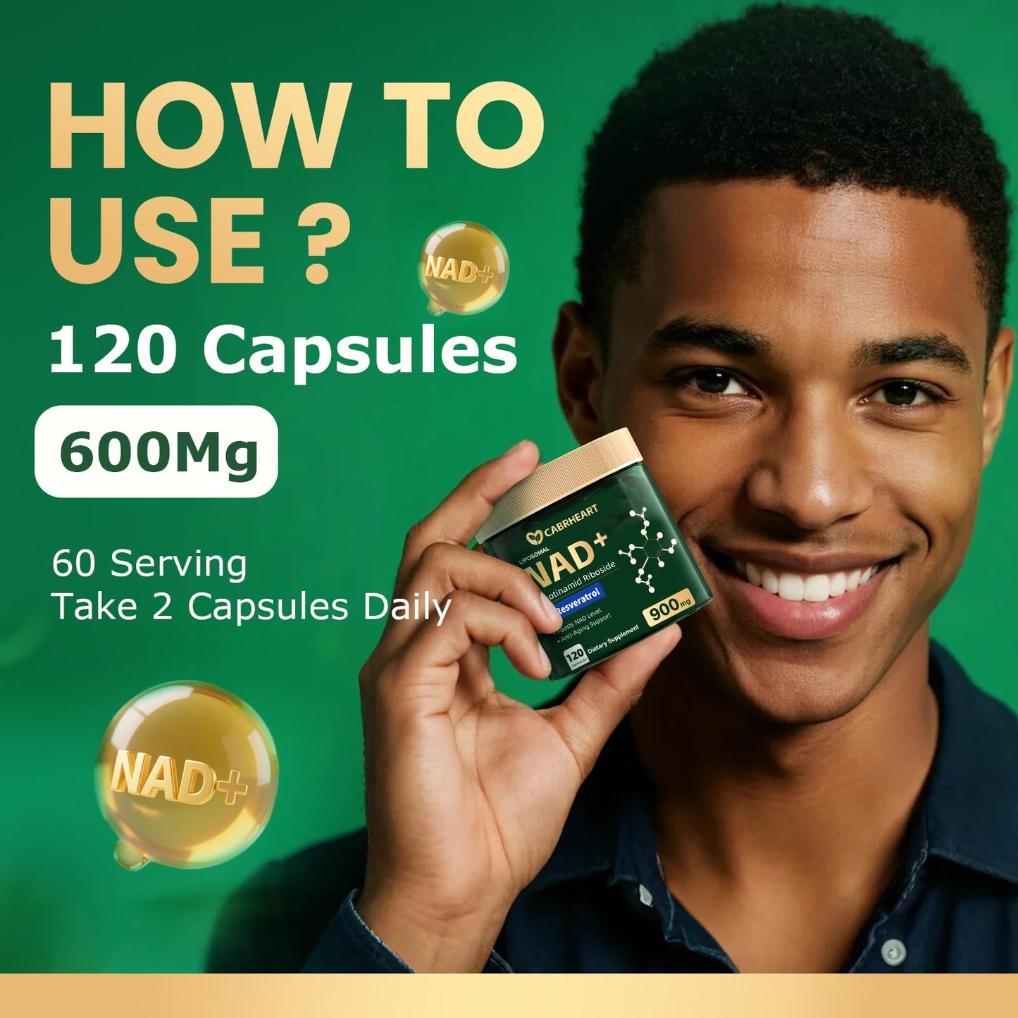 CABRHEART NAD+ Liposomal NAD with Resveratrol – 900mg High-Absorption NAD Booster, 120 Capsules