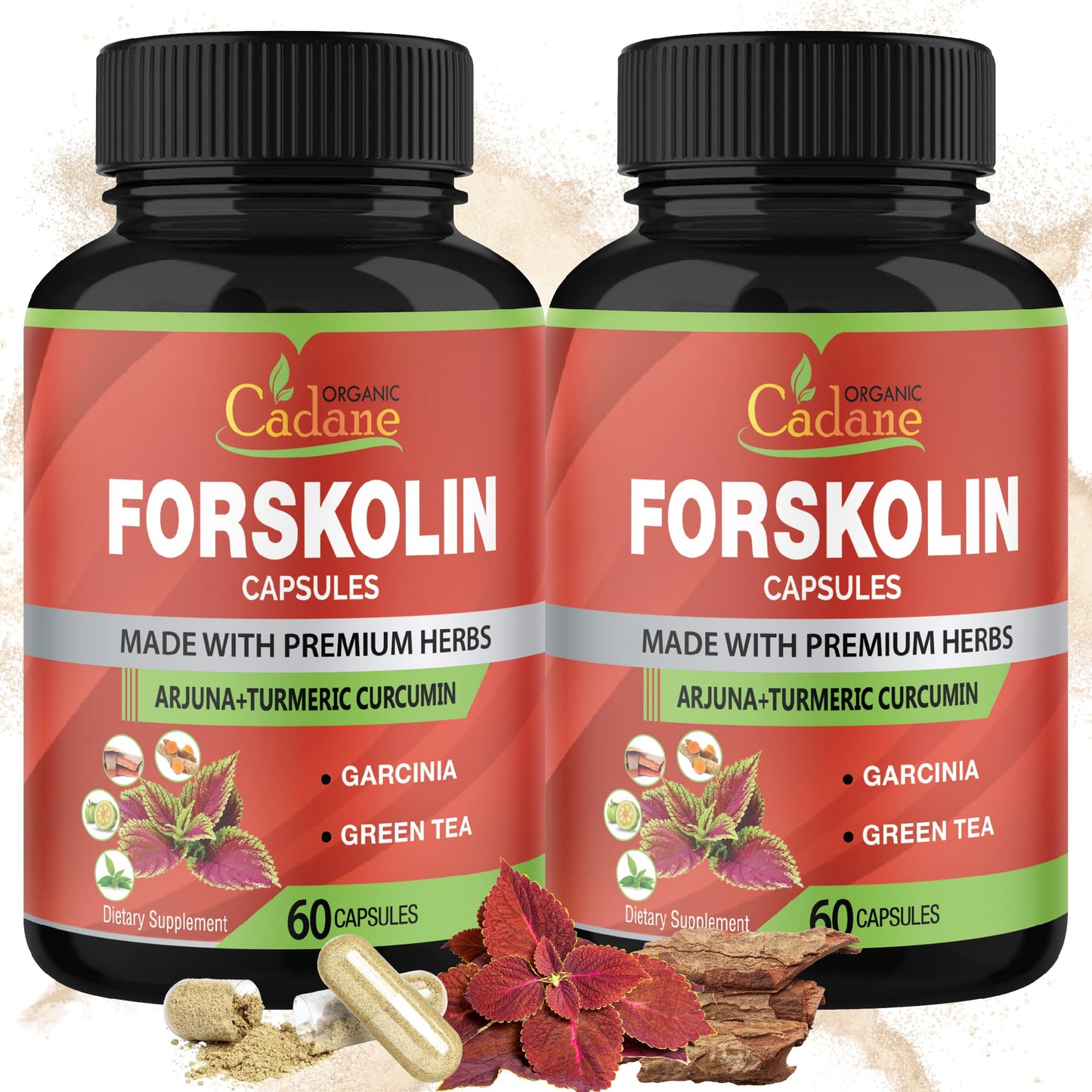 Cadane Forskolin Capsules – 2 Packs with Turmeric, Arjuna, Garcinia Cambogia & Green Tea | 4 Months Supply
