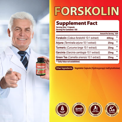 Cadane Forskolin Supplements - 5in1 with Turmeric, Arjuna, Garcinia Cambogia, Green Tea | 5 Month Supply