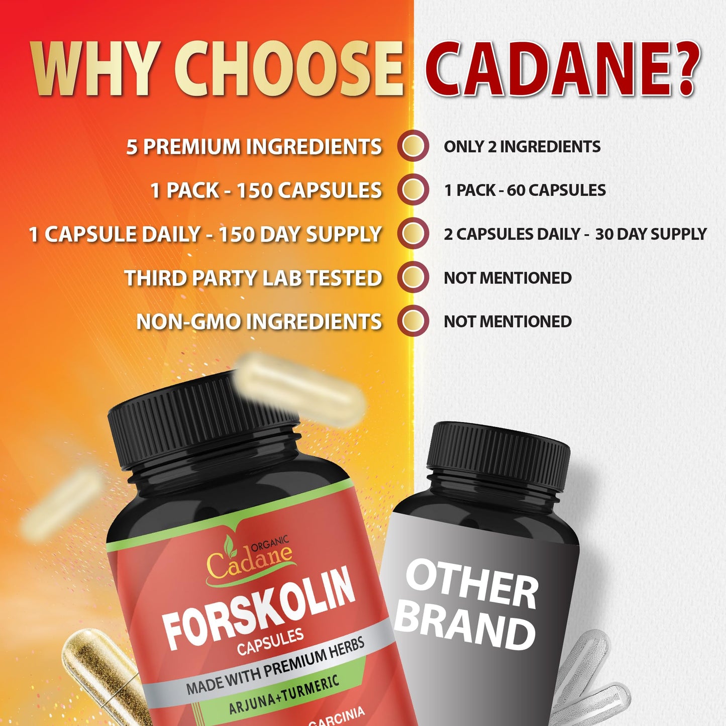 Cadane Forskolin Supplements - 5in1 with Turmeric, Arjuna, Garcinia Cambogia, Green Tea | 5 Month Supply