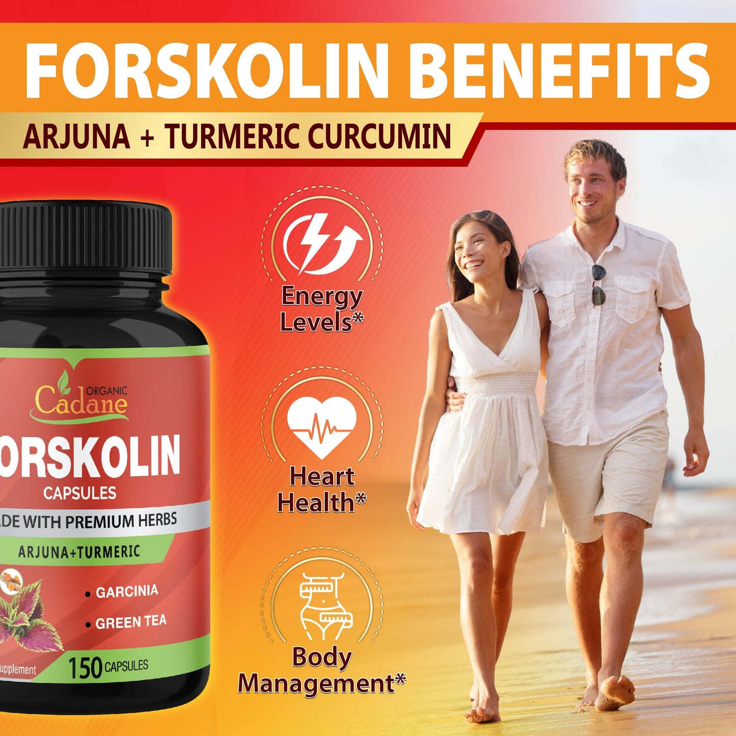 Cadane Forskolin 5-in-1 Capsules – Turmeric, Arjuna, Garcinia, Green Tea | 150 Caps