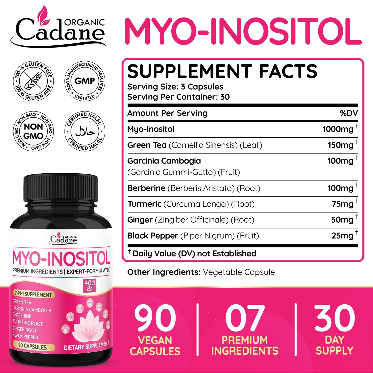 Cadane Organic Myo-Inositol & Green Tea Capsules – 90 Vegan, Non-GMO