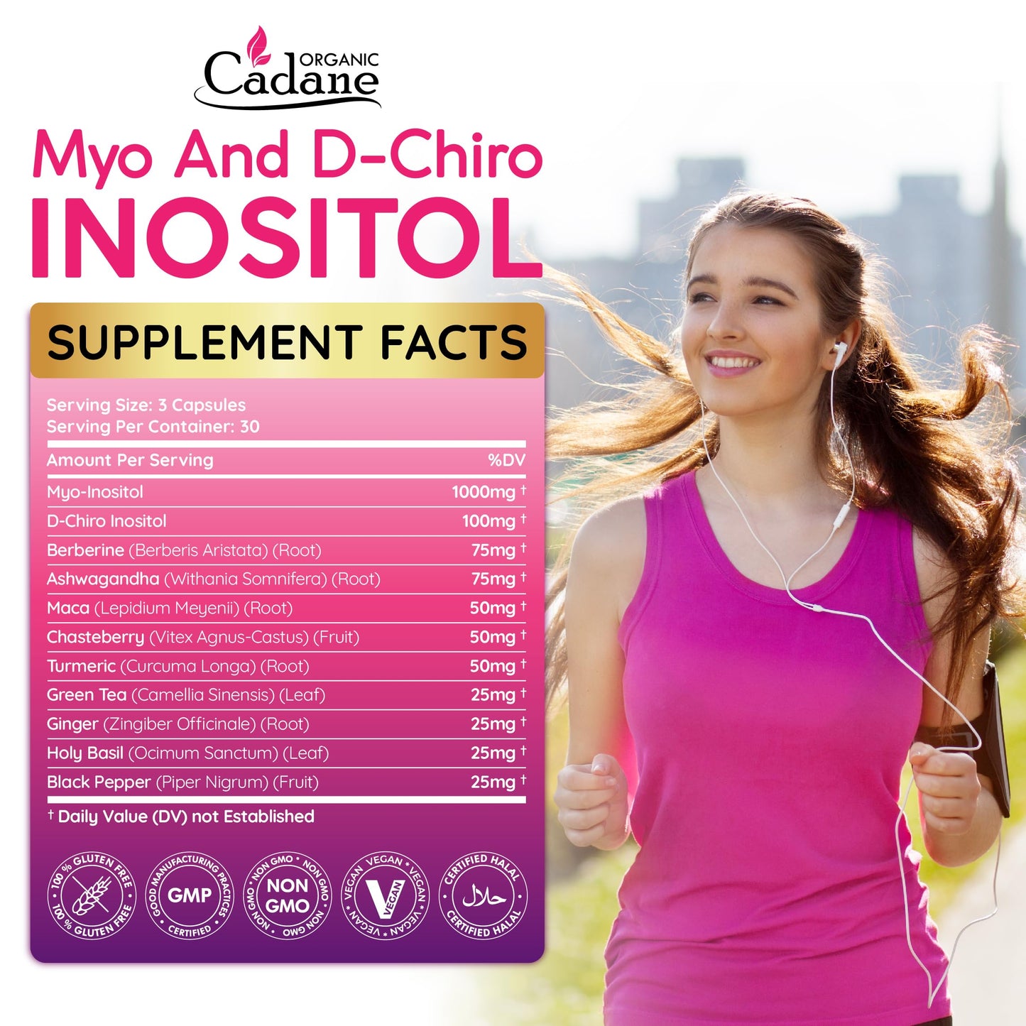 Organic Cadane Myo and D-Chiro Inositol Capsules for Women | with Berberine, Ashwagandha, Maca, Chasteberry & 6 More | Cycle Regularity, Body Management | Vegan, Non-GMO - 90 Capsules