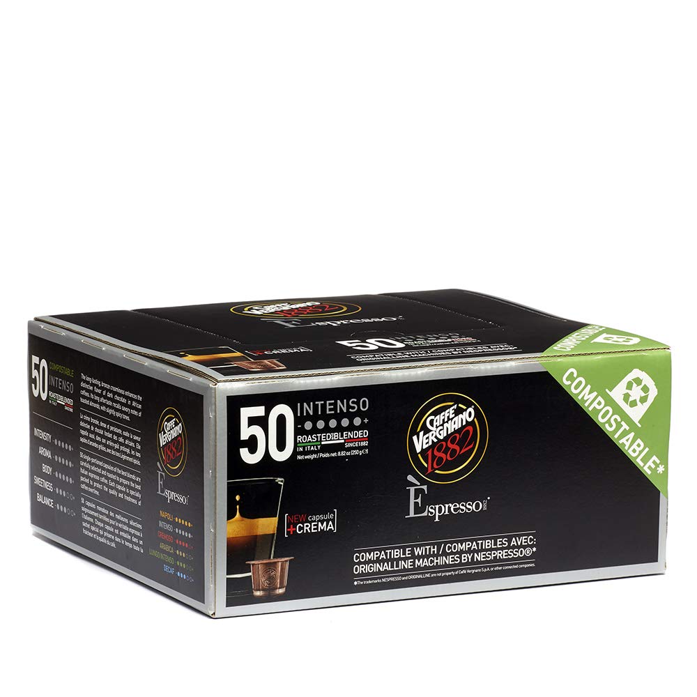 Caffe Vergnano Intenso Espresso Capsules – Nespresso Original Line Compatible, Compostable, Medium Roast, 50 Count (25oz) – Imported from Italy