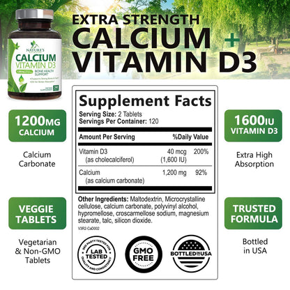 Calcium 1200 mg with Vitamin D3 (1600 IU) – 240 Tablets | USA Bottled | Bone & Immune Health