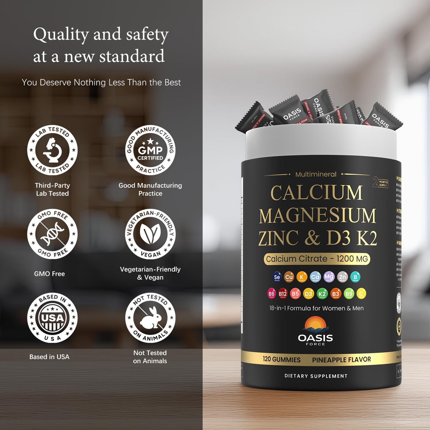 Calcium 1200 mg Gummies with Vitamin D3 & K2 – Sugar-Free, Vegan