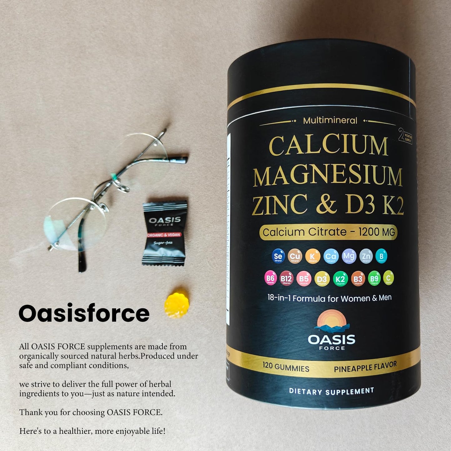 Calcium 1200 mg Gummies with Vitamin D3 & K2 – Sugar-Free, Vegan